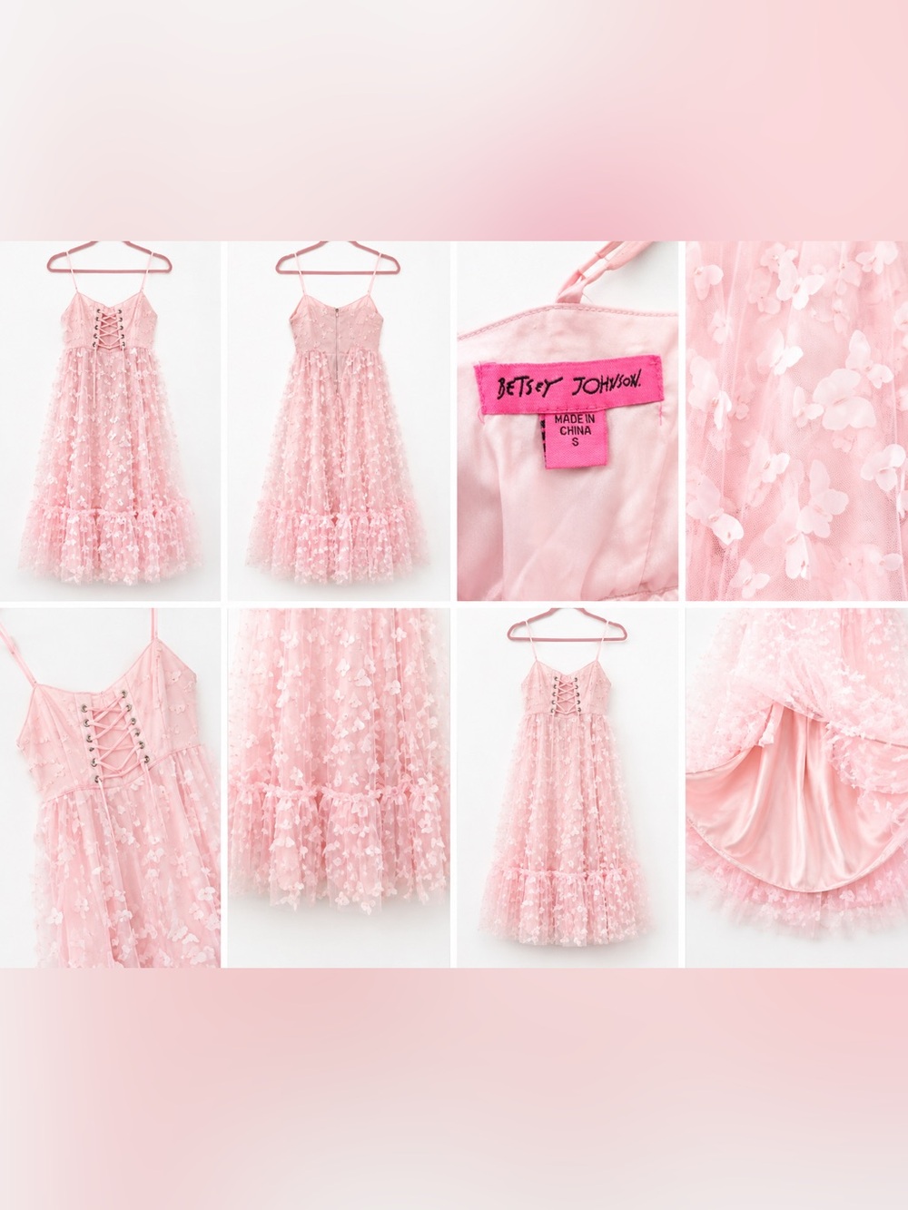 Betsey Johnson Pink Butterfly 3D Tulle Gown with Lace-Up Back